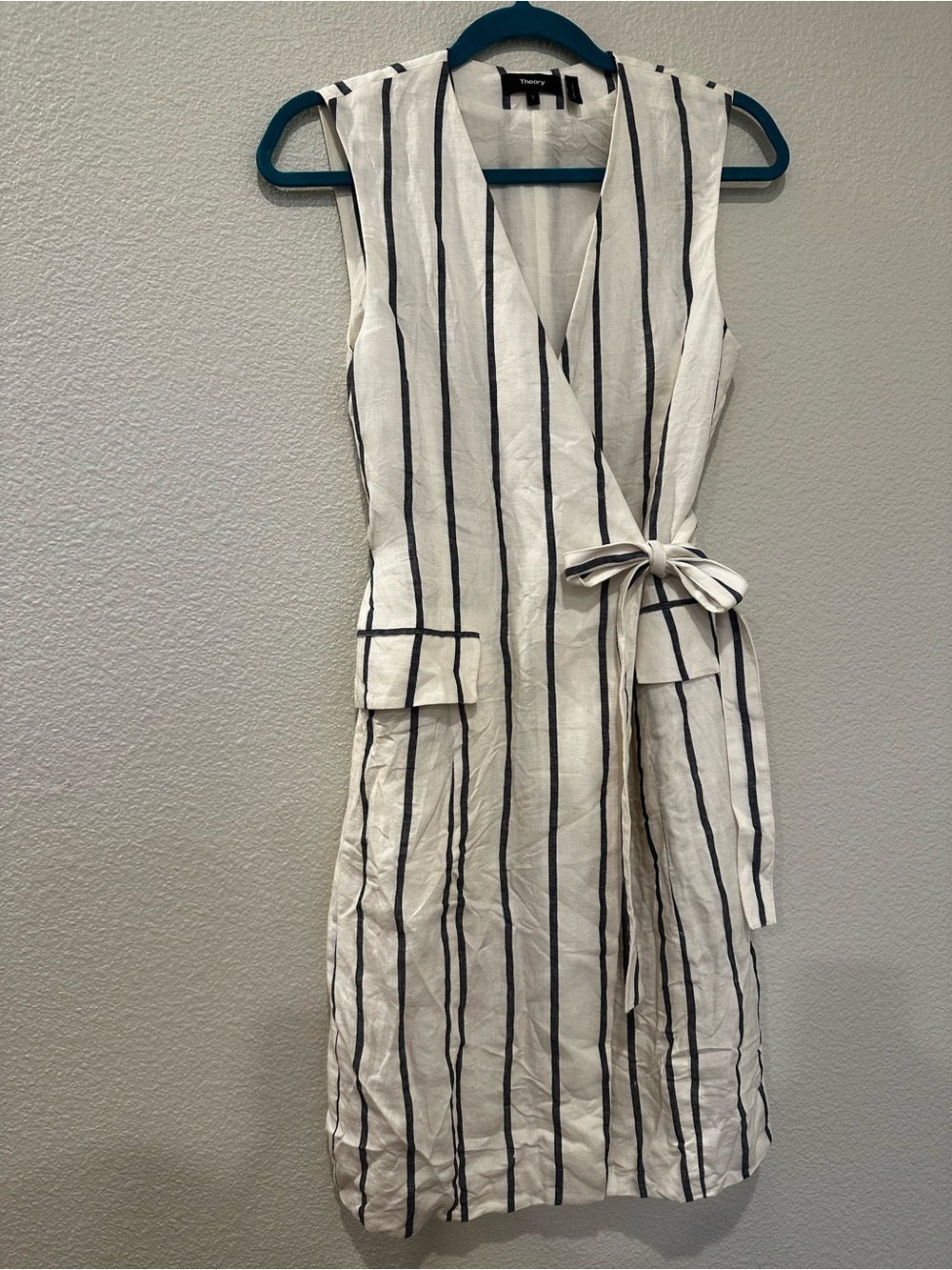 Theory Linen Wrap Dress Ivory Navy Stripe Sleeveless Summer Dress